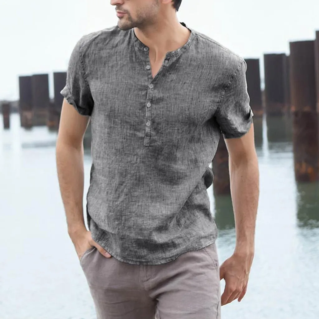 

2019 Summer Men's Baggy Solid Cotton Linen Short Sleeve Button Plus Size Shirt Tops M-3XL camisa masculina de mode pour hommes