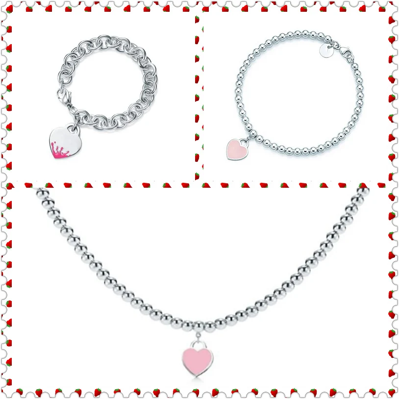 

SHINETUNG 1:1 S925 Sterling Silver Genuine TIFF Pink Heart-Shaped Pendant Trendy Necklace Women Fine Romance Bracelet Jewelry