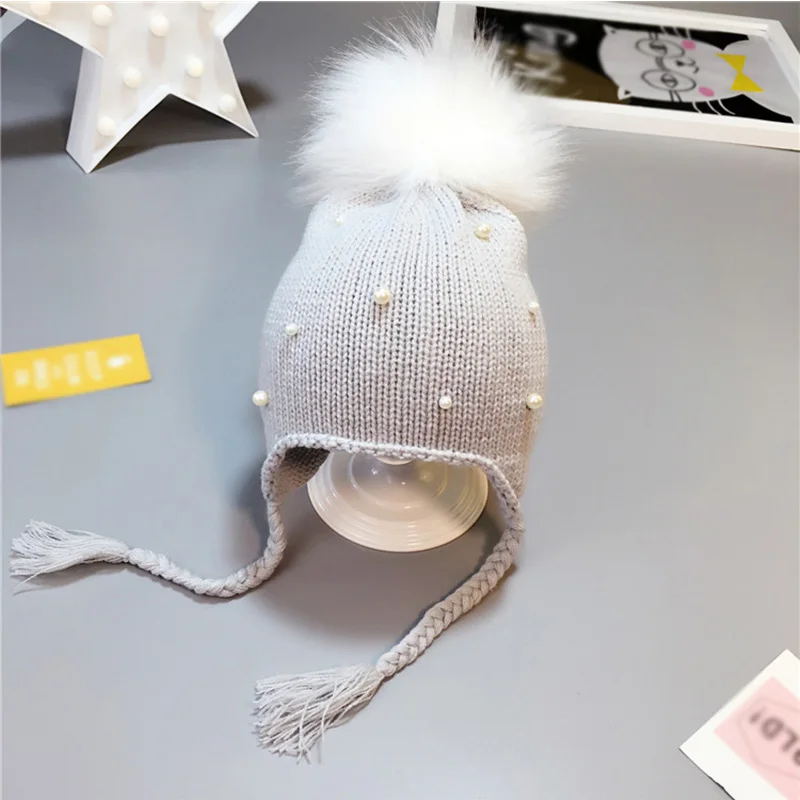 MOLIXINYU, модная детская зимняя шапка с жемчугом, вязаная шапка с помпонами, шапочка для новорожденного, детские шапки для мальчиков и девочек, плотная шапка - Цвет: GREY A