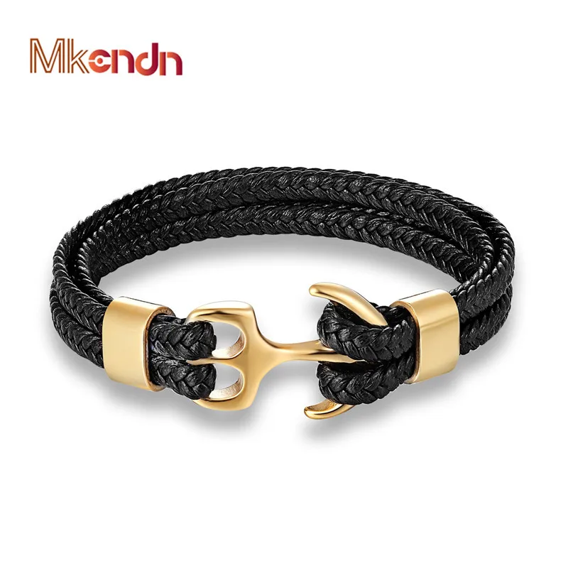 MKENDN модный кожаный браслет для мужчин, черная оплетка, многослойная веревочная цепь, якорь из нержавеющей стали, мужские ювелирные изделия, браслеты, подарки
