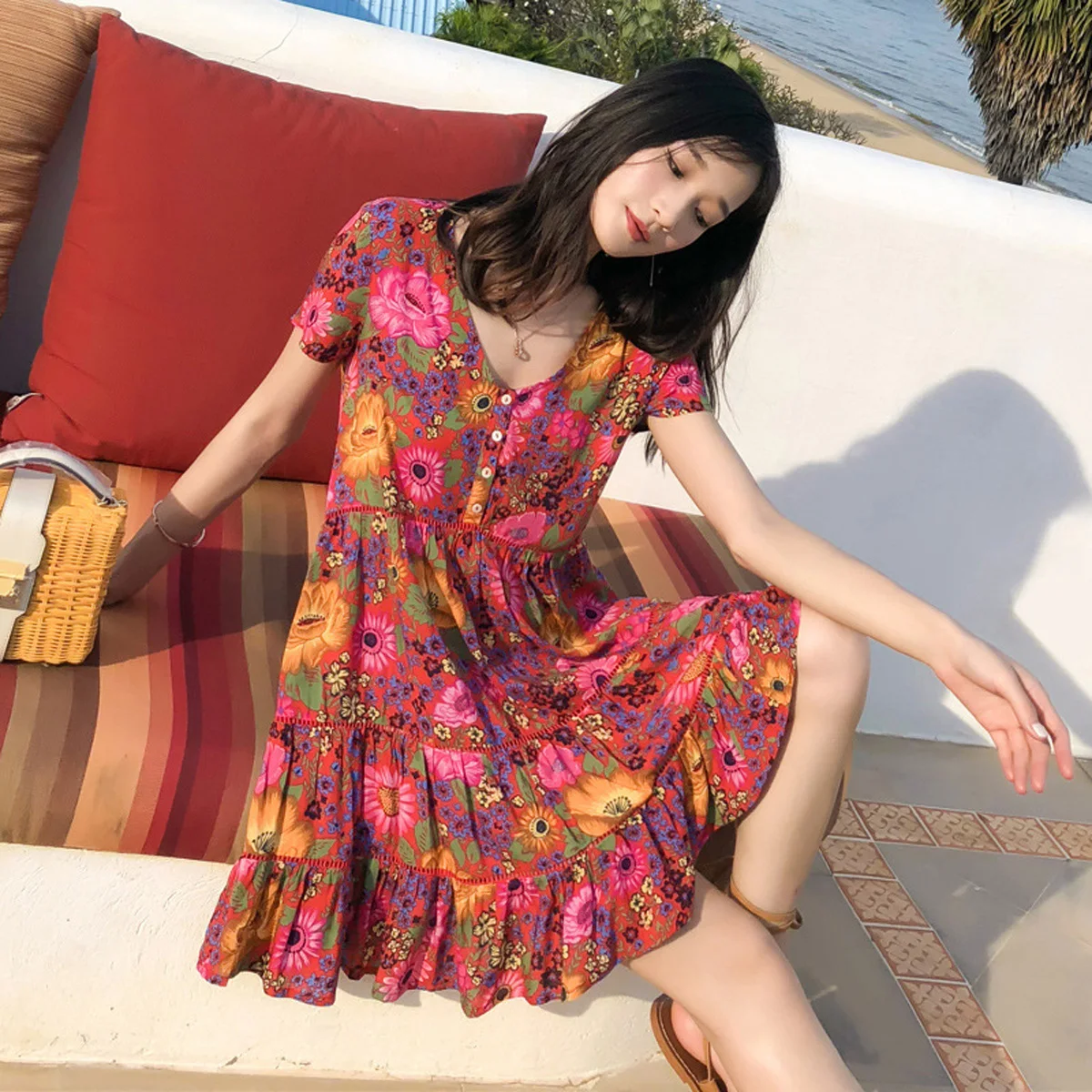 

Jastie 2019 Boho Dress Daisy Floral Print Summer Dresses V-Neck Button Front Rayon Mini Women Dress Bohemian Chic Beach Vestidos