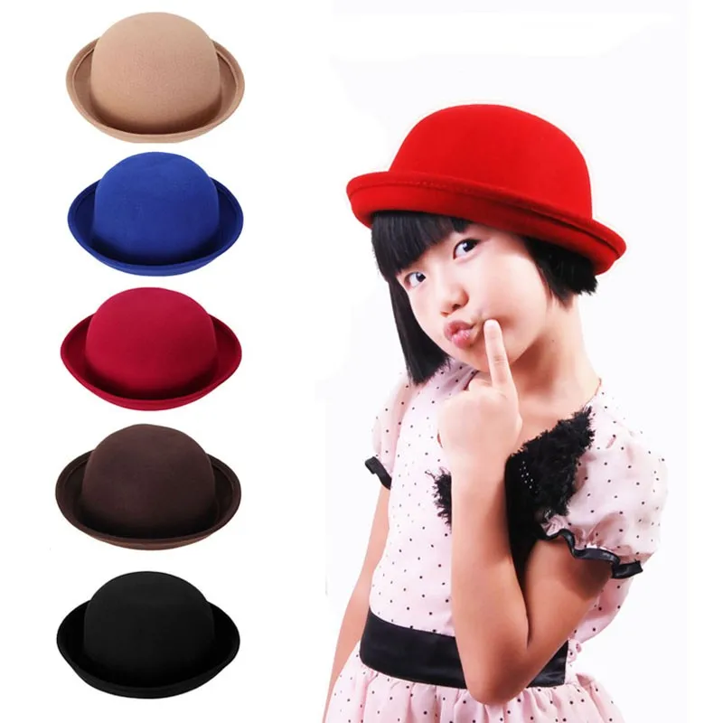 9 Color Child Hats Fedoras hat Vintage girl kids Fedora Chapeau Feutre Bowler Derby fieltro Solid Cappello Bombetta Caps a20