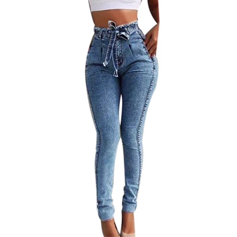 Laamei, джинсы с высокой талией для женщин, облегающие, тянущиеся джинсы, облегающие, с кисточками, с поясом, обтягивающие, с эффектом пуш-ап, джинсы для женщин - Цвет: Light Blue
