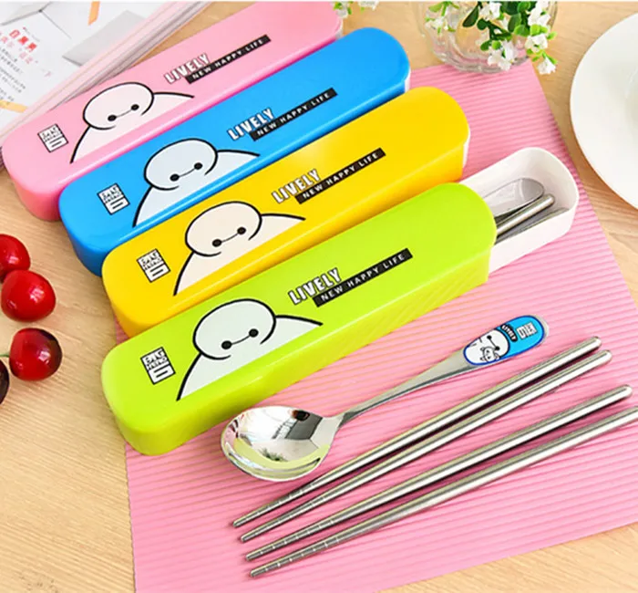

2pcs Cartoon Stainless Steel Penbox PP Chinese Chopsticks Travel Household Portable Tableware Metal Home Kitchen Counter Kids