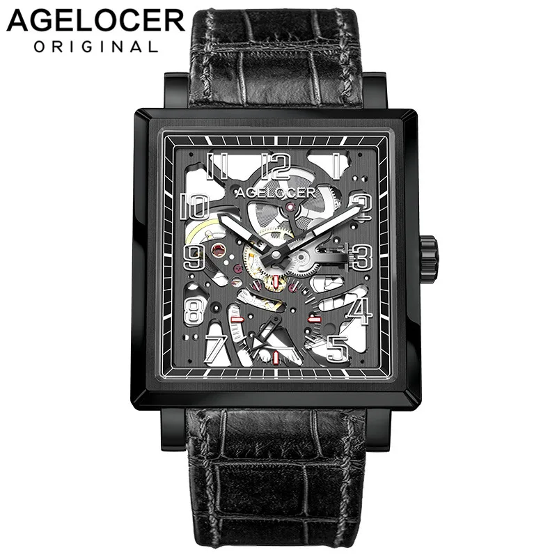 Agelocer лучший бренд класса люкс все черные светящиеся автоматические часы мужские скелетные резервные наручные часы 3501J1
