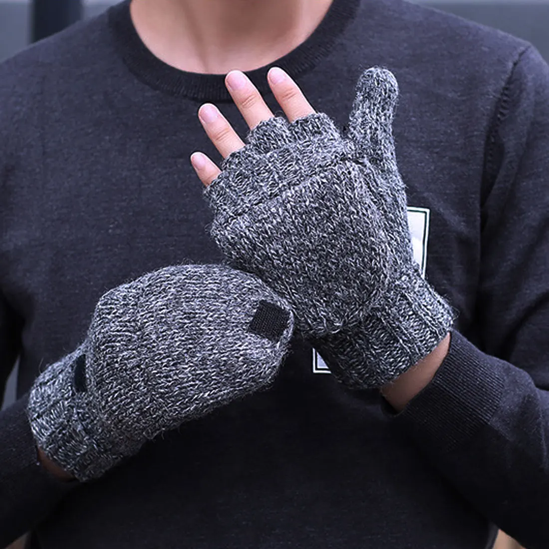 

New Thick Male Fingerless Gloves Men Wool Winter Warm Exposed Finger Mittens Knitted Warm Flip Half Finger Gloves
