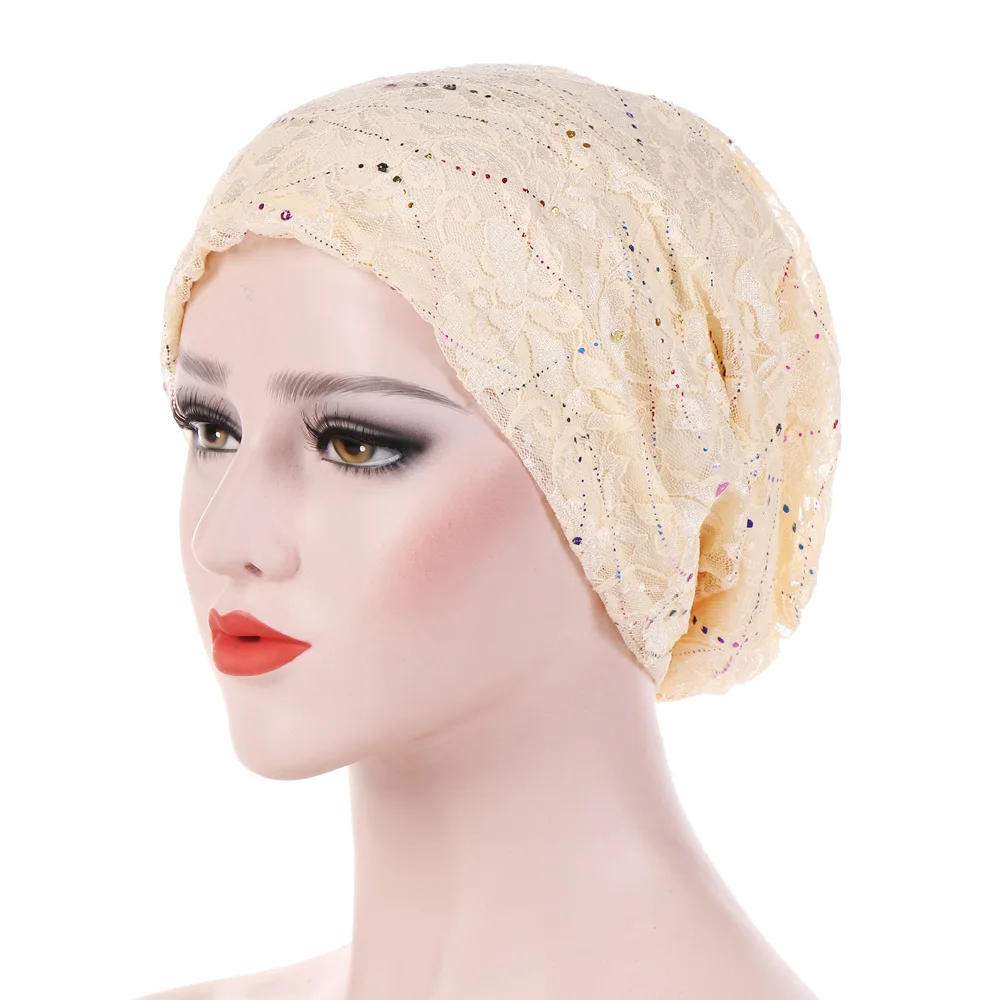 Женская мода кружевной шарф шапка s мусульманская шапка-тюрбан шапка Хемо шляпа женские аксессуары для волос - Цвет: Cream