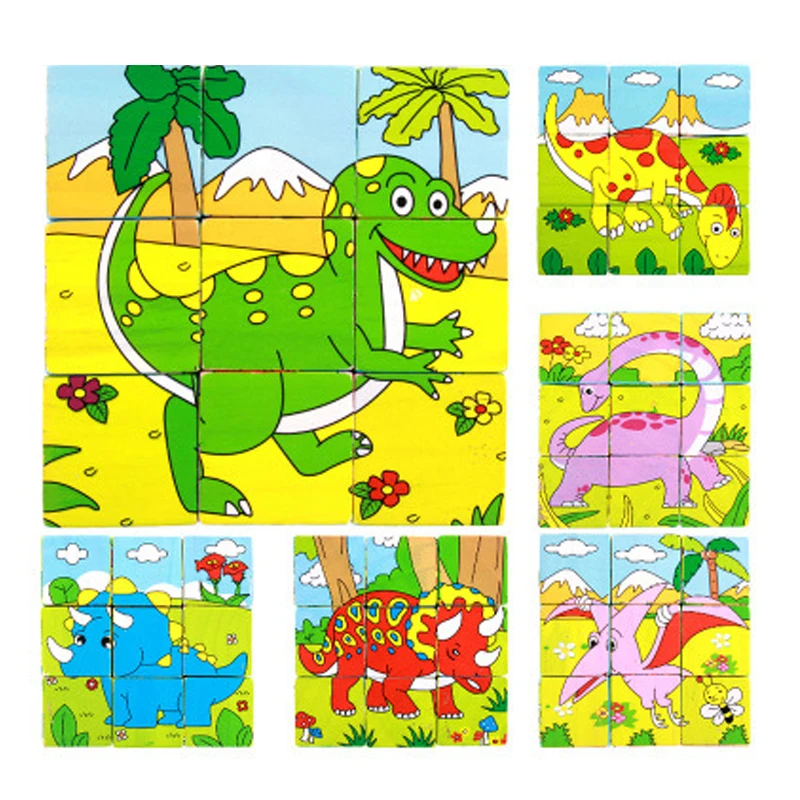 

9pcs/Set Duck Dog Dinosaur Turtle Shark Ocean Animal Six-face Picture Wooden 3D Toys Children Early Educational Toy Cube Puzzle