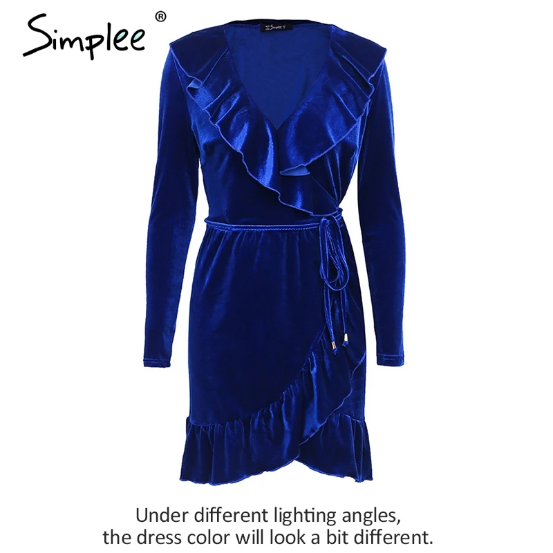 Женское осенне-зимнее платье Simplee с рюшами, винтажное короткое пикантное бархатное платье с V-образным вырезом платье с запахом с длинным рукавом синего, серо-фиолетового цвета - Цвет: Blue
