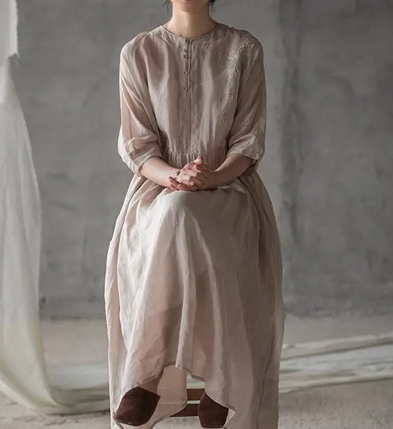 

2018 New Arrivals Women's Ramie literature and art embroidered loose dress woman 17393-50