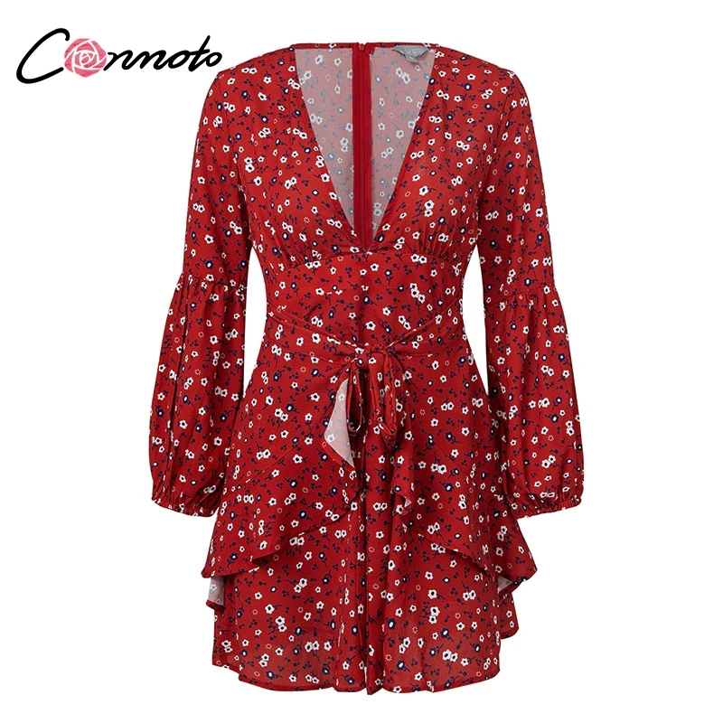 Conmoto Ruffles Long Sleeve Women Dress Bow Red Bohemian Beach Casual Dress Party V Neck Sexy Autumn Winter Dress Vestidos