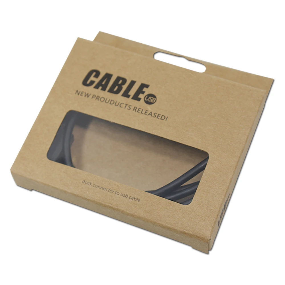 30pcs/lot Kraft Paper Cardboard Box Cable USB Data Packaging with Window Hang Hole For Phone