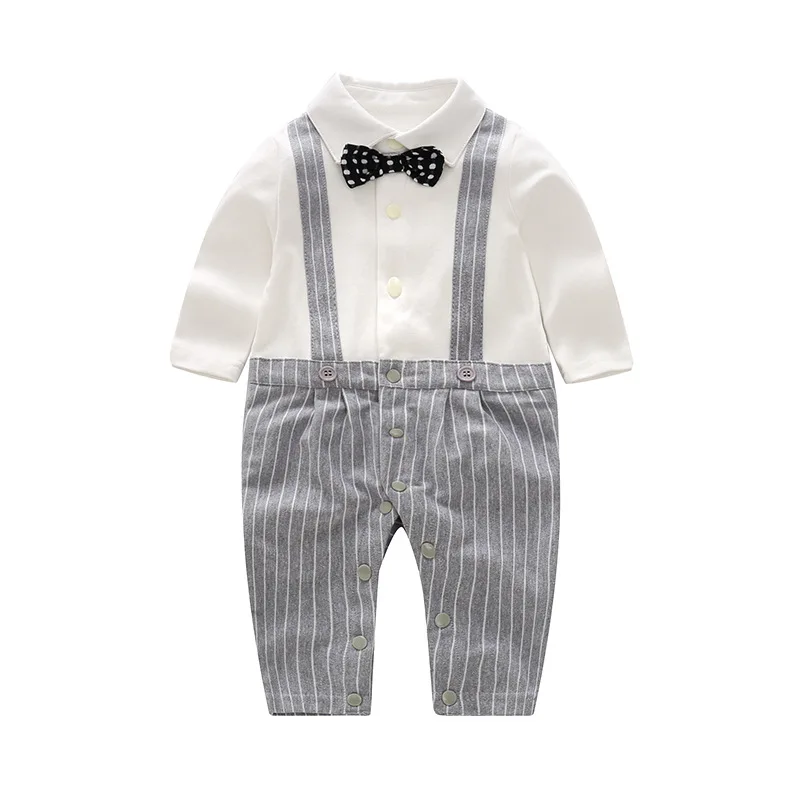 Baby Gentleman Romper Boy Clothes Gray Striped Pattern Baby Boy Jumpsuit Party Costume Newborn Clothes 0-3M 1st Birthday Clothes