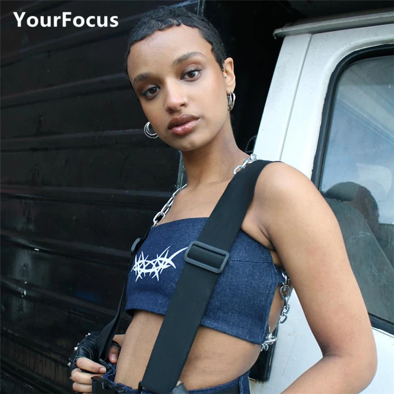 

Streetwear sexy punk rok thorns print backless chain crop top short cropped women camis tops
