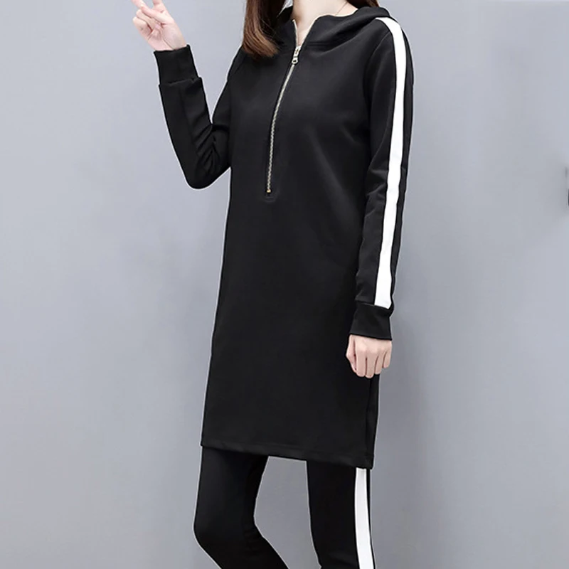 Fashion Slim Black Hoodies Women Set Plus Size Stripe Side Casual Two Piece Set Women Zipper Long Hooded Sweatshirt+ Pant W3