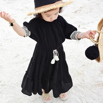 

Girl Dress New 2020 Summer Children's Clothing Cotton Waistband Princess Dress Middle Sleeve, Black/ Beige