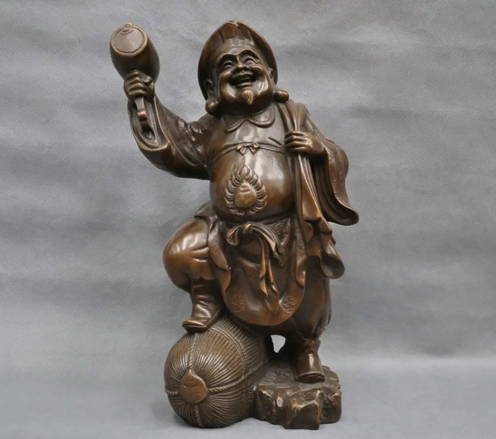 

SS 17'' China Folk Pure Bronze Happy Old Man Mammon God Carry Bag Hammer Statue QQ