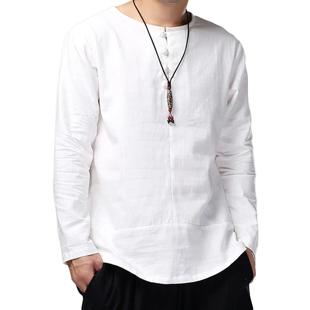 Chinese Style Cotton Linen Shirts Men Dress Loose Fit Long Sleeve Solid ...