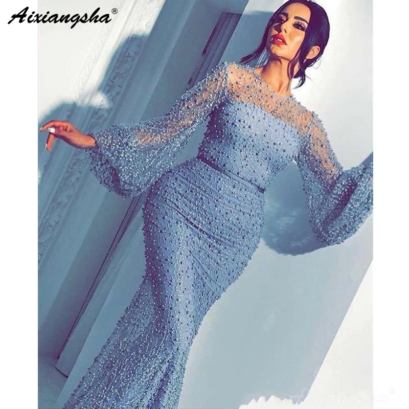 

Ice Blue Muslim Evening Dresses 2019 Mermaid Pearls Beaded Dubai Kaftan Arabic Sheer Long Sleeve Formal Dress Evening Gown