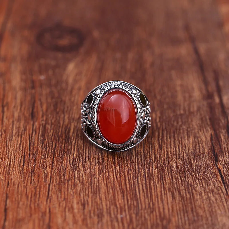 

New Vintage Antique Silver Oval Red Stone Ring Jewelry Muslim's Men High Grade Resin Ring