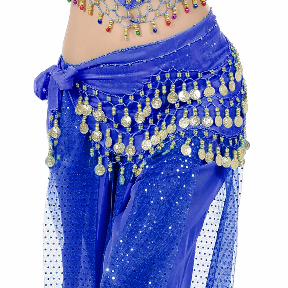 Женский красочный костюм танцовщицы живота, набедренный шарф, пояс с блестками, 58 монет, шифоновая юбка, одежда