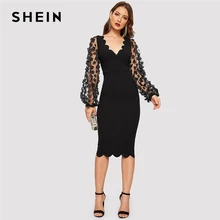 SHEIN Black Elegant 3D Applique ตาข่ายแขนยาว Scallop Hem ติดตั้งชุดดินสอผู้หญิง 2019 ฤดูร้อน V คอชุด Bodycon(China)
