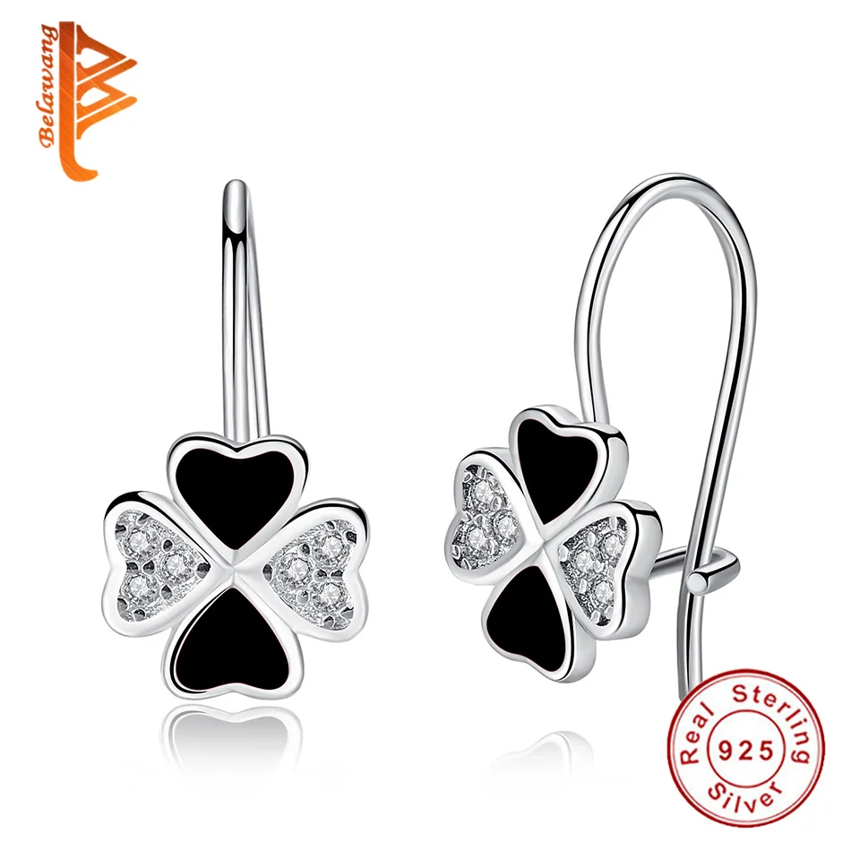 Wholesale 925 Sterling Silver Hoop Earrings Black Enamel Four-leaf clover Hoop Earrings For Women Silver Jewelry Gift