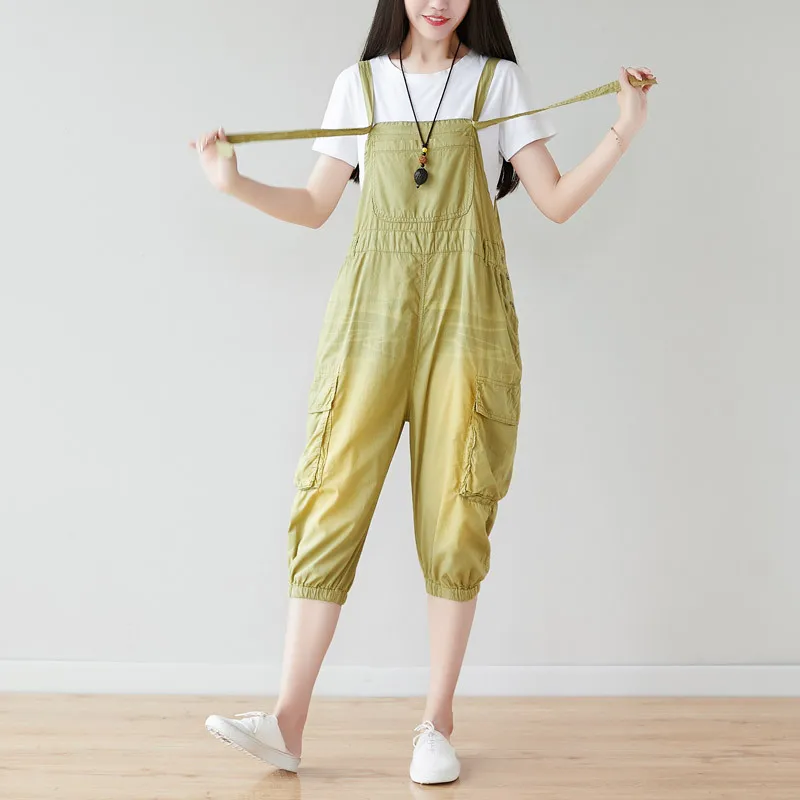 Women Summer Solid Color Vintage Washed Overalls Female Calf Length Jumpsuits Female Cargo Pants Rompers