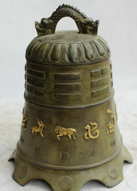 

8" Chinese temple Buddhism Bronze Gilt 12 Zodiac Year Dragon Tiger Zhong Bell R0710
