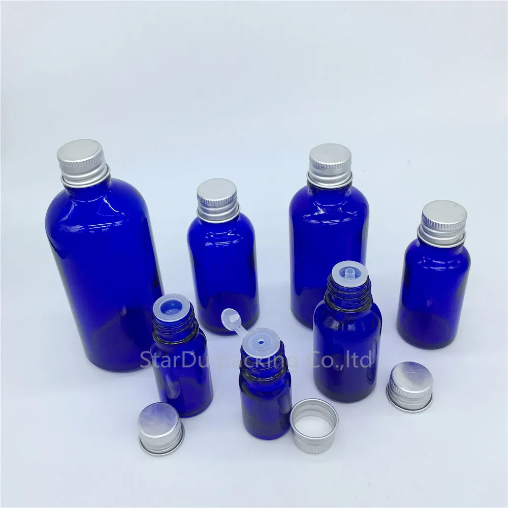 5ml 10ml 15ml 20ml 30ML 50ml 100ml Blue Glass Bottle, Blue Essential Oil Bottle With Aluminum Cover Perfume Bottles