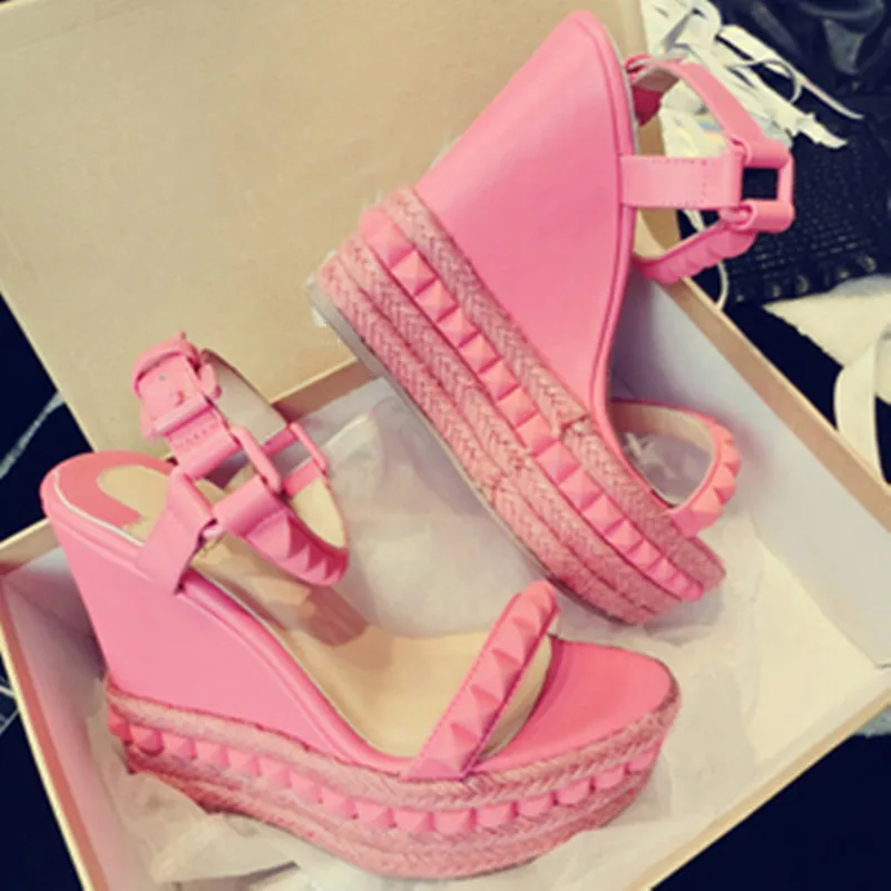 

Supper High Platform Sandals Fashion Studded Espadrilles Gladiator Sandals Women Ankle Wrap Wedges Shoes Woman
