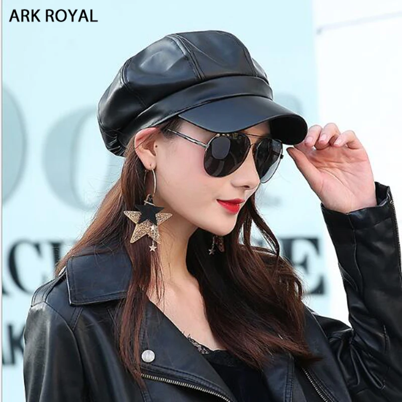Fashion Octagonal Black Newsboy Cap Vintage Women Faux Leather Beret