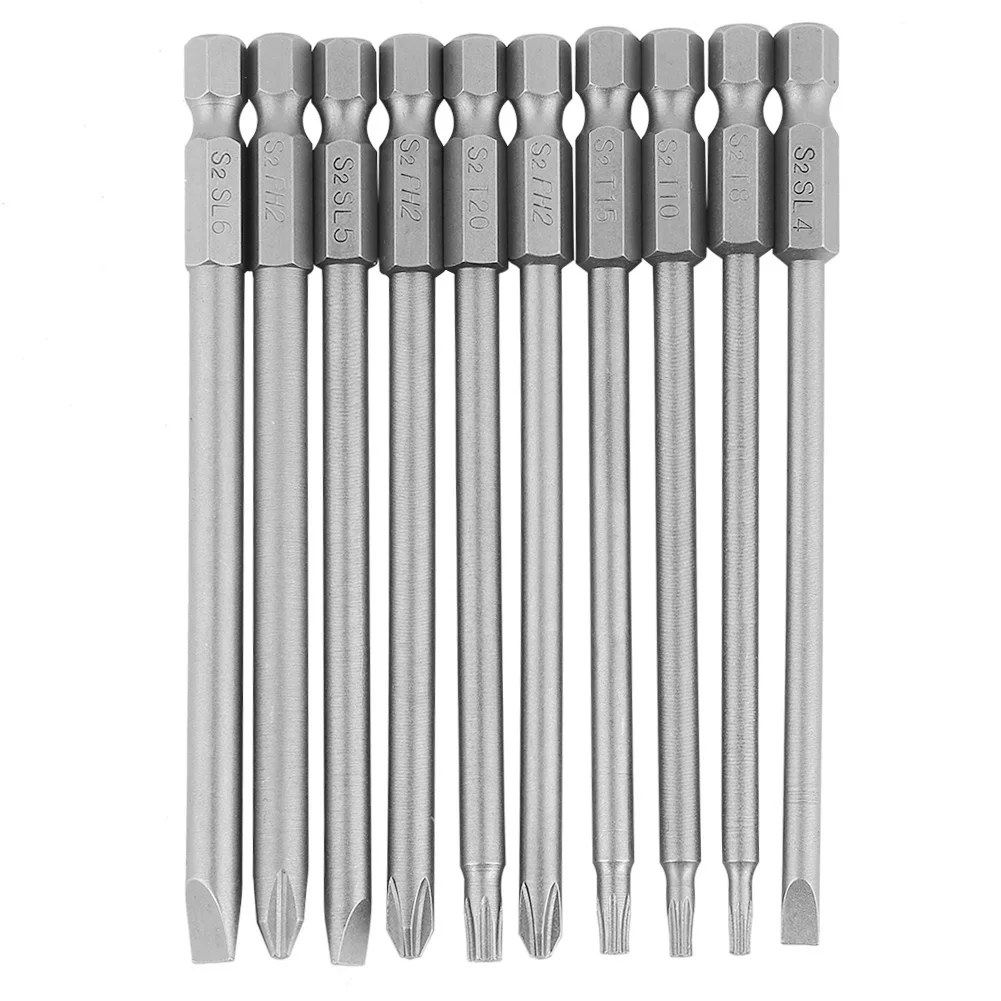 

10Pcs 100mm 1/4" Hex Shank Magnetic BST Screwdriver Bits Set (Slotted+Cross+Security Star ) T10 T15 T20 Screwdriver Hand Tool