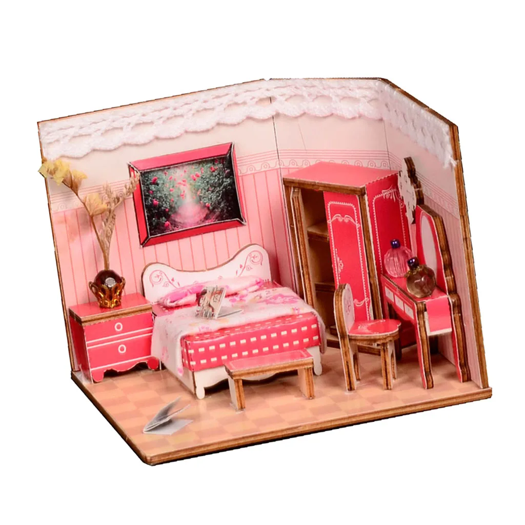 1/24 DIY Dollhouse Miniature Kits Wooden Dolls Houses With Full Furniture - Pink Sweet Princess Bedroom Model House