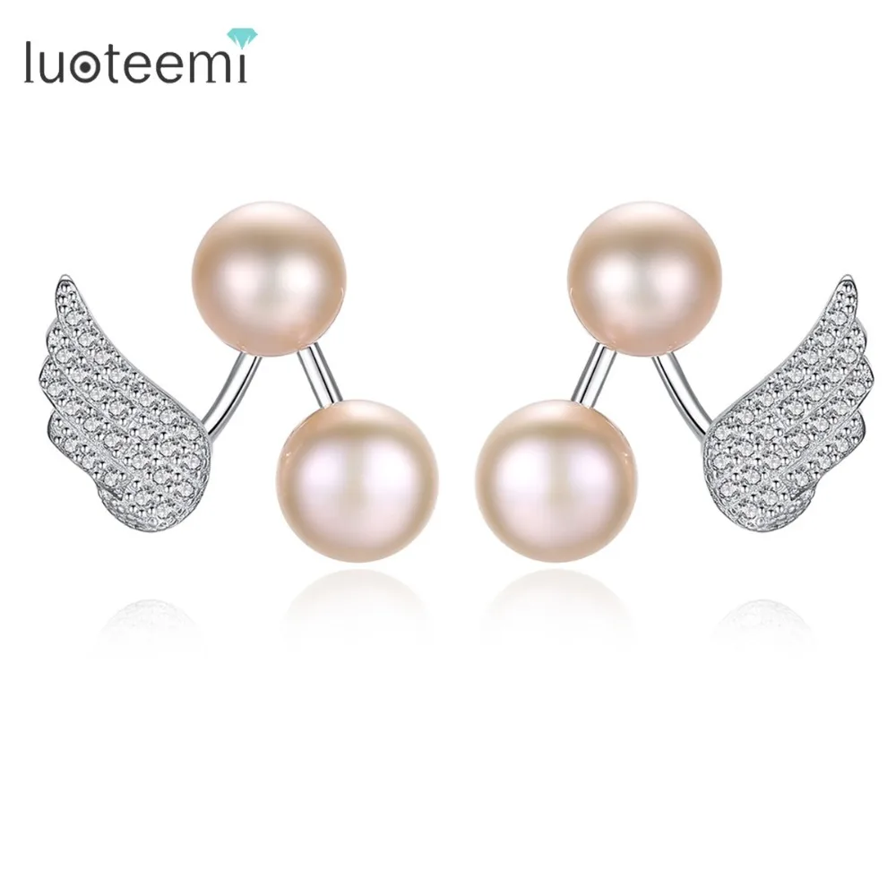 

LUOTEEMI Trendy Genuine 925 Sterling Silver Wings Pattern Jewellery For Women Gift Double Natural Freshwater Pearl Stud Earrings