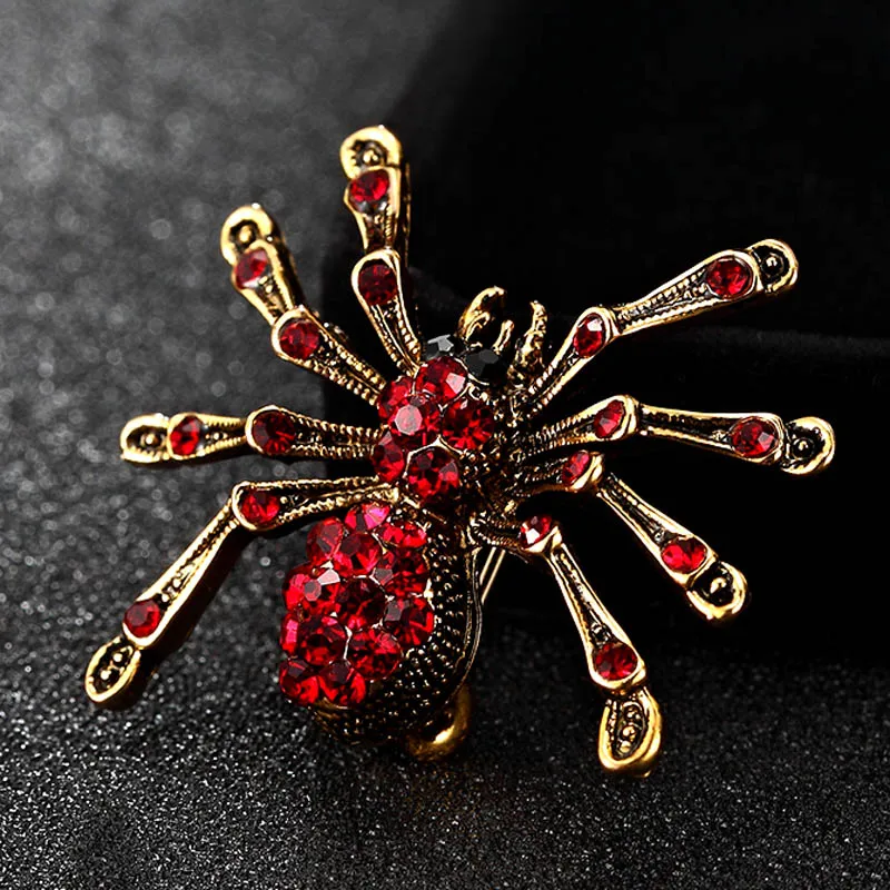 18k Gold Plated Red & White Crystal Spider Brooch