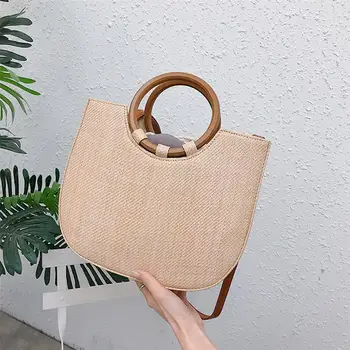 

New Fashion Straw Handbags Drawstring Women Bags Large Capacity Handmade Vintage Woven Handbag For Summer Beach Travel