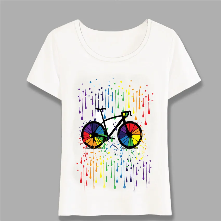 

Women t-shirt Colorful Rainbow Raindrops Bicycle Print T-Shirt Lovely Casual Tops Novelty Tee Cute Girl Short Sleeve Harajuku