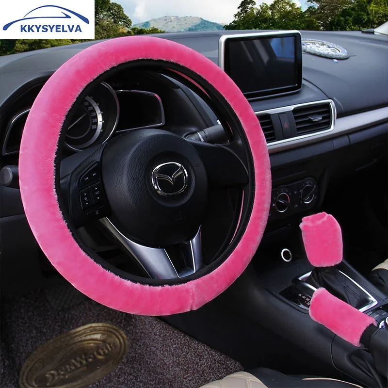 KKYSYELVA PLUSH Car steering wheel cover Handbrake Gear Shift Cover Winter Black Auto Interior Accessories Steering-wheel Covers KKYSYELVA PLUSH Car steering wheel cover Handbrake Gear Shift Cover Winter Black Auto Interior Accessories Steering-wheel Covers