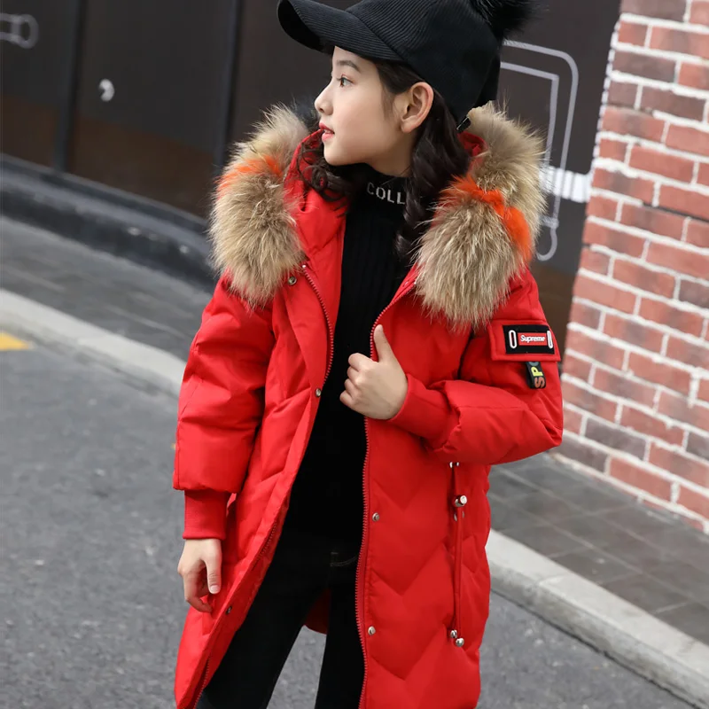 Зимняя куртка для девочек; пальто с меховым капюшоном для русской зимы; Новинка года; детская куртка; пуховая верхняя одежда; Длинная подростковая одежда