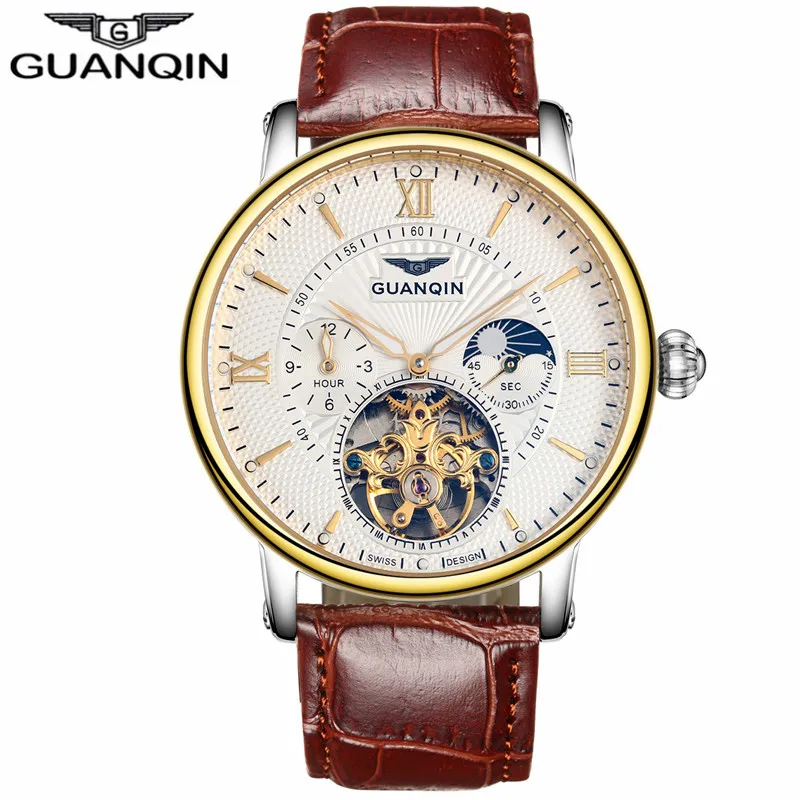 Натуральная GUANQIN Элитный бренд Tourbillon Skeleton световой часы мужские повседневные кожаные автоматические механические часы Relogio Masculino - Цвет: Gold Brown