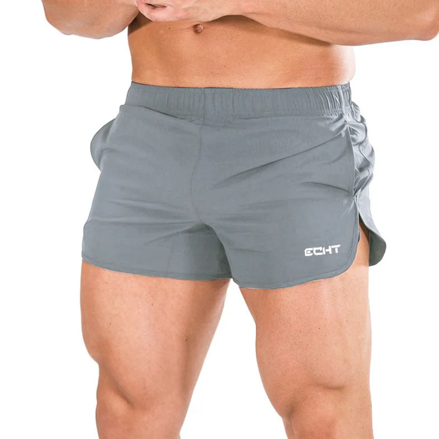 Мужские брендовые шорты для фитнеса, спортивные шорты для бодибилдинга и тренировок,, мужские узкие укороченные штаны для бега, летние повседневные тонкие пляжные шорты - Цвет: Gray (Front logo)