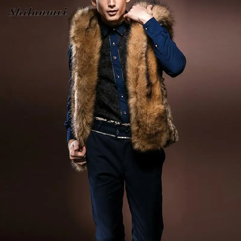 brown faux fur coats for men 2017 winter fur vest jacket big size warm