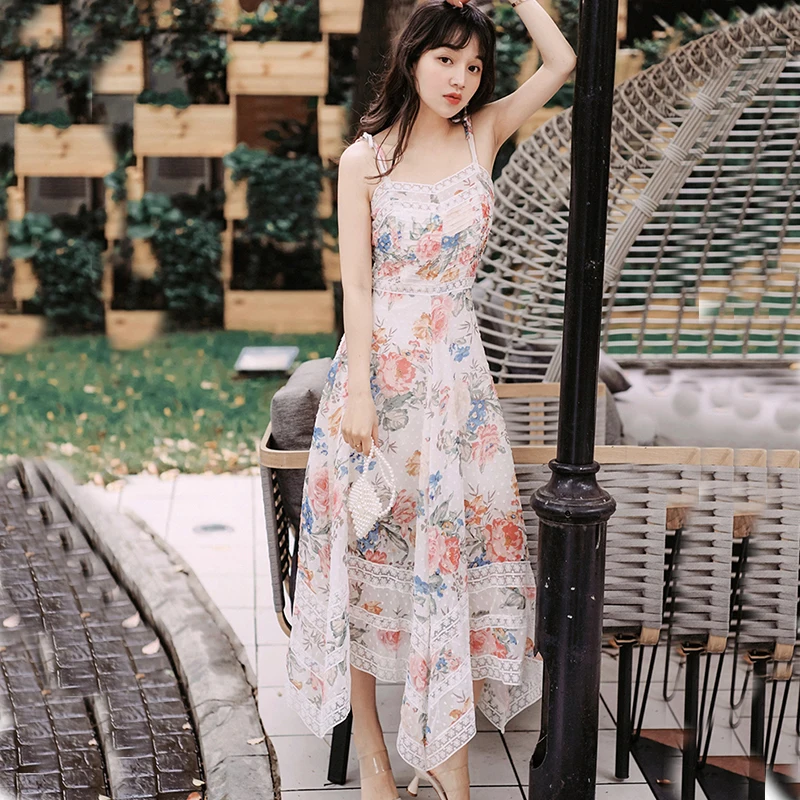 

SHTONGHUA Sexy V Neck Sleeveless Flower Print Lace Patchwork Summer Dress Women Backless Halter Strap Beach Sundress Party Dress