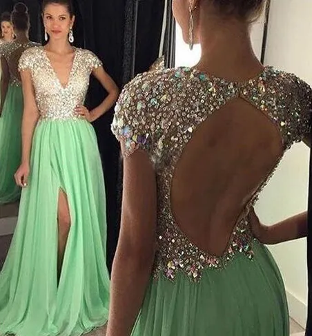 

Hot Abendkleider Lang 2016 Sexy Slit Light Green A-Line Chiffon Evening dresses Beaded Backless V-Neck Prom Gowns Formal Dresses