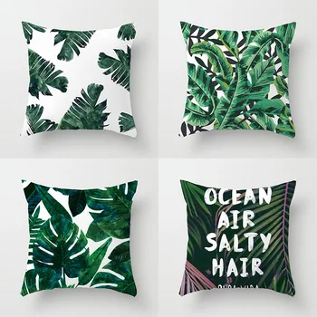 

Green Tropical Palm Leaf Cushion Cover Cojin Nordico Linen Cotton Hibiscus Flower Throw Pillow Case Home Decor Sofa Soft