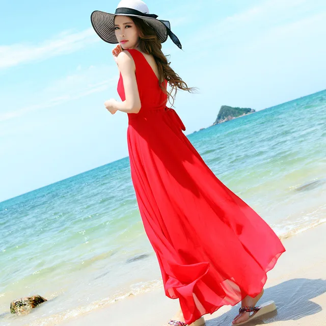 Women's Chiffon Sleeveless Beach Dress Red V neck Long Lady Elegant