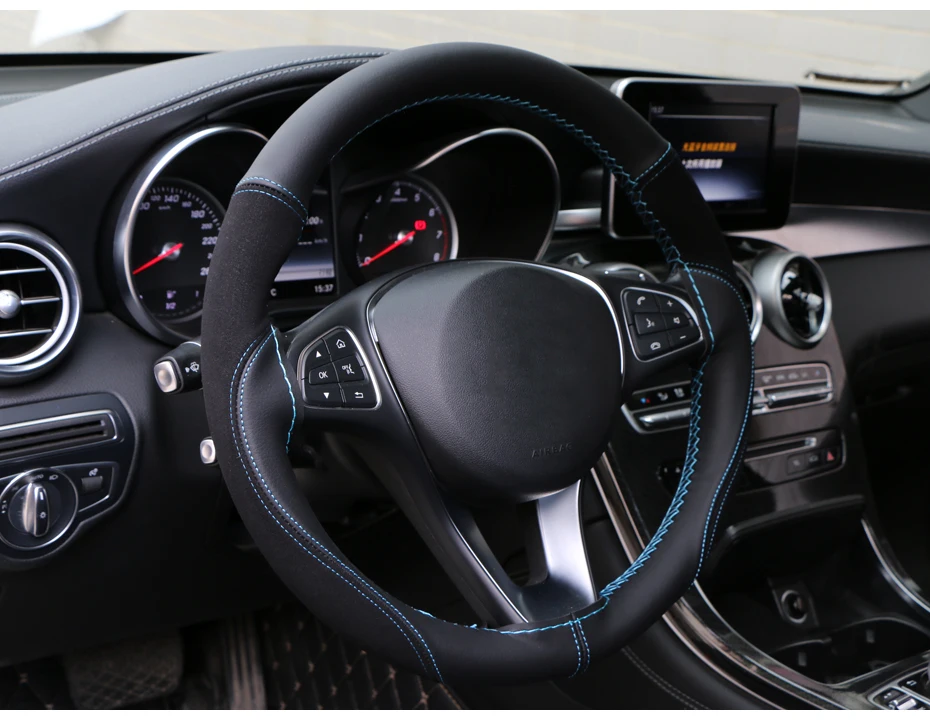 O SHI CAR 38cm DIY Steering Wheel Cover Wear-resistant Soft PU + Suede Leather Car Steering-Wheel Braid With Needles Thread