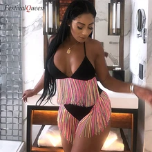 Цветной длинный бюстгальтер с бахромой, Комплект трусиков, женский бюстгальтер с лямкой через шею, сексуальные трусики, комплект из двух предметов, комплекты нижнего белья, летняя пляжная одежда, клубный комплект