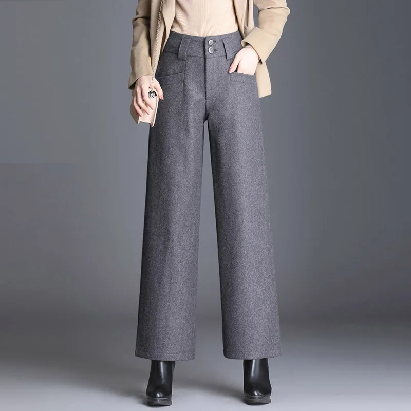 Winter Fall Formal Women Wide Leg High Waist Grey Black Loose Elegant ...